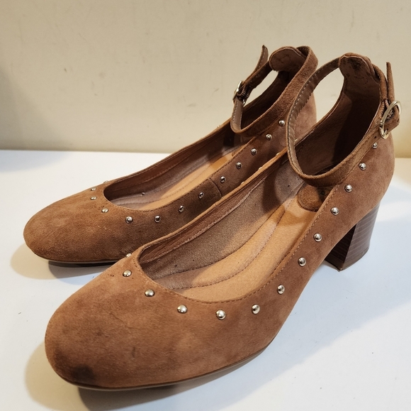MONTANA tan Suede Leather Mary Jane block heels shoes size 9M - Picture 6 of 12